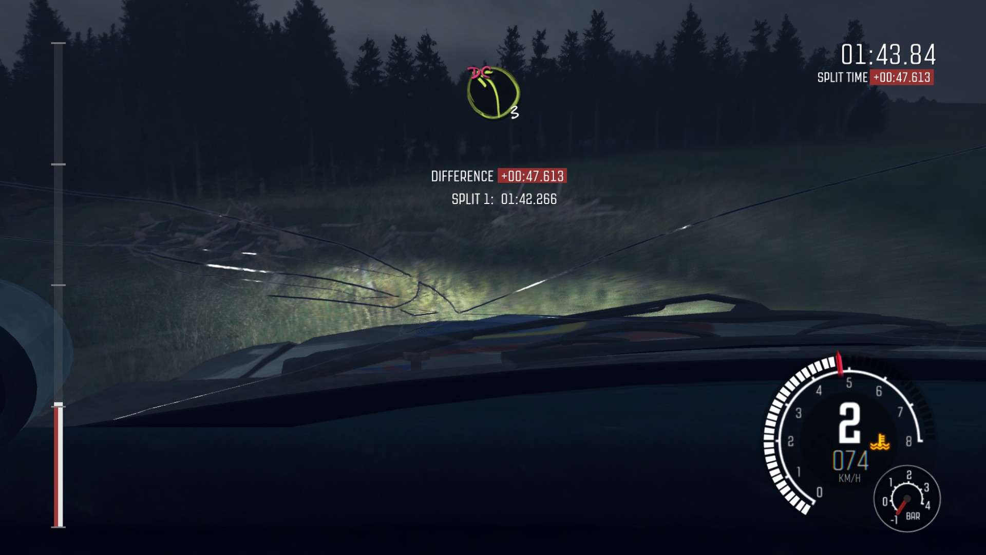 DiRT Rally screen, crowded with information.